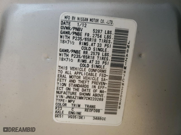 2012 Nissan Murano SL with VIN JN8AZ1MW7CW220269, listed as a Copart auction lot 47491795 with 104,368 mi miles and Salvage Title. Bid and sale history available at carsss.com. Image 15.