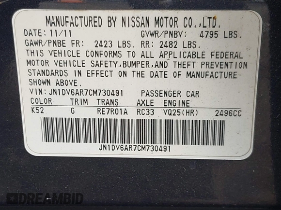 2012 Infiniti G25 Sedan x with VIN JN1DV6AR7CM730491, listed as a IAAI auction lot 42157655 with Not Provided miles. Bid and sale history available at carsss.com. Image 9.