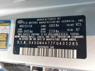 2015 Kia Optima LX with VIN 5XXGM4A77FG431285, listed as a IAAI auction lot 38792800 with 99,378 mi miles and . Bid and sale history available at DreamBid. Image 9.