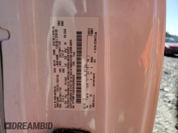 2019 Ford F-150 XL with VIN 1FTMF1CB3KKE88029, listed as a Copart auction lot 38526814 with 99,657 mi miles and Salvage title. Bid and sale history available at DreamBid. Image 12.