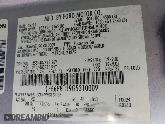 2016 Ford Mustang EcoBoost with VIN 1FA6P8TH9G5310009, listed as a IAAI auction lot 41652774 with 112,713 mi miles. Bid and sale history available at carsss.com. Image 9.