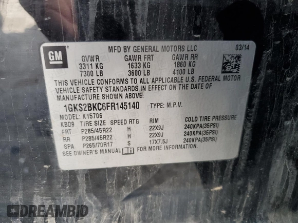 2015 GMC Yukon SLT with VIN 1GKS2BKC6FR145140, listed as a Copart auction lot 55451365 with 216,522 mi miles and Salvage Title. Bid and sale history available at DreamBid. Image 13.