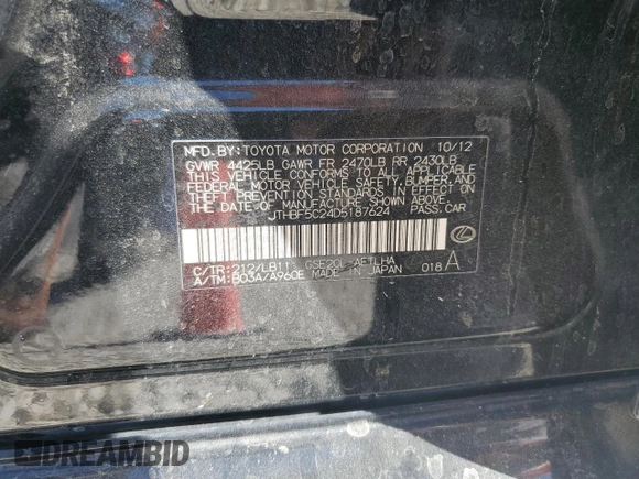 2013 Lexus IS 250 with VIN JTHBF5C24D5187624, listed as a Copart auction lot 53852055 with Not provided miles and Salvage title. Bid and sale history available at DreamBid. Image 12.
