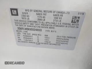 2014 GMC Terrain SLE with VIN 2GKFLWEKXE6240593, listed as a IAAI auction lot 42179784 with 187,777 mi miles and . Bid and sale history available at DreamBid. Image 9.