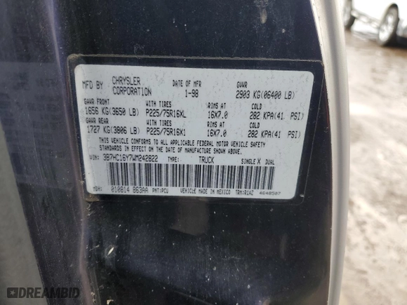 1998 Dodge Ram 1500 with VIN 3B7HC16Y7WM242822, listed as a Copart auction lot 86508864 with 109,254 mi miles and Salvage Title. Bid and sale history available at carsss.com. Image 12.