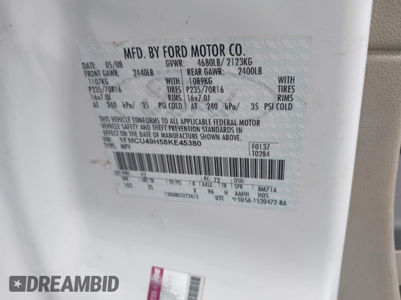 2008 Ford Escape Hybrid with VIN 1FMCU49H58KE45380, listed as a IAAI auction lot 41868022 with 175,610 mi miles and . Bid and sale history available at DreamBid. Image 9.