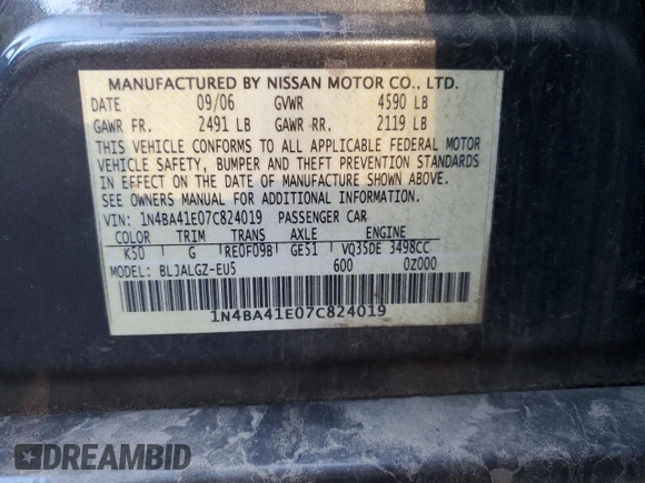 2007 Nissan Maxima 3.5 SE with VIN 1N4BA41E07C824019, listed as a Copart auction lot 76984284 with 83,166 mi miles and Salvage Title. Bid and sale history available at carsss.com. Image 13.