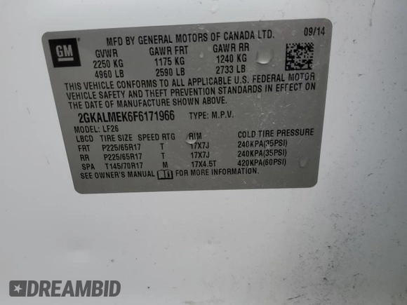 2015 GMC Terrain SLE with VIN 2GKALMEK6F6171966, listed as a Copart auction lot 70977774 with 115,234 mi miles and Non repairable. Bid and sale history available at DreamBid. Image 13.
