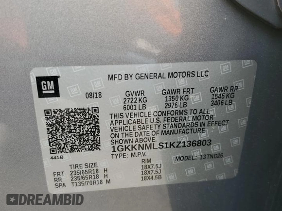 2019 GMC Acadia SLT with VIN 1GKKNMLS1KZ136803, listed as a Copart auction lot 50309655 with 55,987 mi miles and Salvage Title. Bid and sale history available at carsss.com. Image 13.