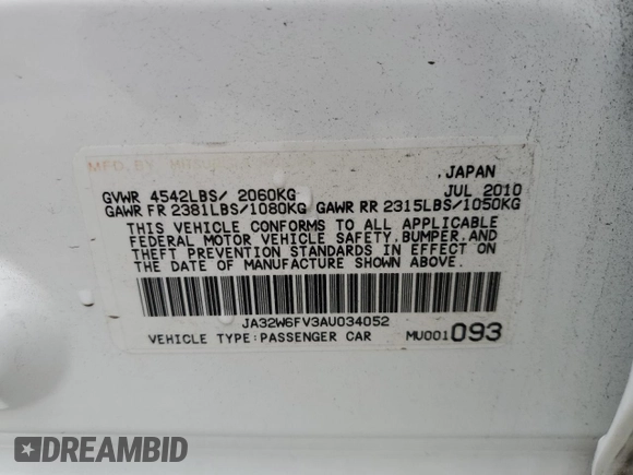 2010 Mitsubishi Lancer Evolution SE with VIN JA32W6FV3AU034052, listed as a Copart auction lot 72463644 with 44,517 mi miles and Salvage Title. Bid and sale history available at carsss.com. Image 13.