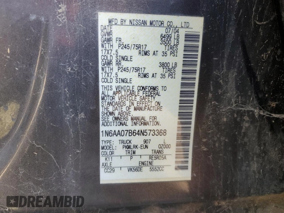 2004 Nissan Titan LE with VIN 1N6AA07B64N573368, listed as a Copart auction lot 53864055 with Not provided miles and Clean title. Bid and sale history available at DreamBid. Image 12.