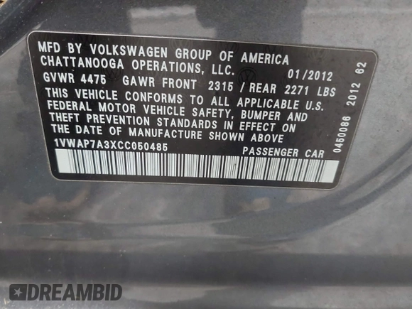 2012 Volkswagen Passat S z VIN 1VWAP7A3XCC050485, wystawiony jako IAAI lot #41690837 z przebiegiem 239 583 mil mil oraz . Historia ofert i sprzedaży dostępna na DreamBid. Obrazek 9.