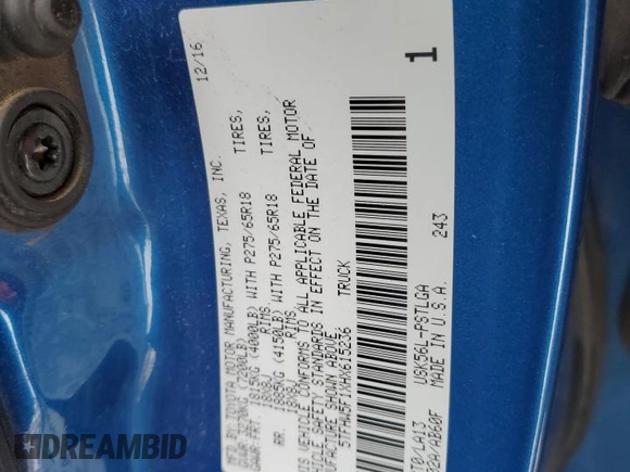 2017 Toyota Tundra Limited z VIN 5TFHW5F1XHX615236, wystawiony jako Copart lot #85672604 z przebiegiem 108 302 mil mil oraz Szkoda całkowita • Salvage title. Historia ofert i sprzedaży dostępna na DreamBid. Obrazek 14.