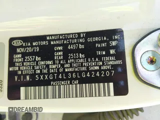2020 Kia Optima LX with VIN 5XXGT4L36LG424207, listed as a IAAI auction lot 41909955 with 74,125 mi miles and . Bid and sale history available at carsss.com. Image 9.