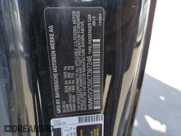 2012 MINI Hardtop S with VIN WMWSV3C59CT387246, listed as a Copart auction lot 61766125 with 155,156 mi miles and Salvage title. Bid and sale history available at DreamBid. Image 12.