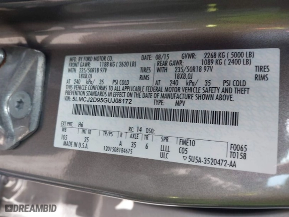 2016 Lincoln MKC Select with VIN 5LMCJ2D95GUJ08172, listed as a IAAI auction lot 41504279 with 73,425 mi miles. Bid and sale history available at carsss.com. Image 9.