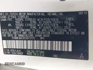 2014 Toyota Sienna Ltd with VIN 5TDDK3DC5ES073175, listed as a IAAI auction lot 41818572 with 107,971 mi miles. Bid and sale history available at carsss.com. Image 9.