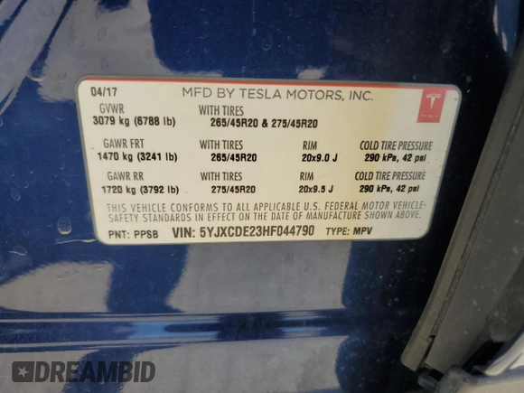 2017 Tesla Model X 90D with VIN 5YJXCDE23HF044790, listed as a Copart auction lot 52376565 with 105,712 mi miles and Salvage Title. Bid and sale history available at DreamBid. Image 14.
