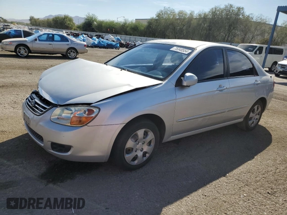 2008 Kia Spectra EX with VIN KNAFE122185498723, listed as a Copart auction lot 75348554 with 117,950 mi miles and Salvage Title. Bid and sale history available at carsss.com. Image 1.