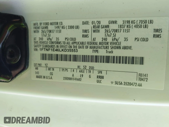 2020 Ford F-150 with VIN 1FTNF1E46LKD35553, listed as a IAAI auction lot 42487262 with 94,652 mi miles and . Bid and sale history available at DreamBid. Image 9.