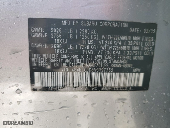 2022 Subaru Outback Onyx Edition XT with VIN 4S4BTGLD8N3197752, listed as a Copart auction lot 46390945 with 34,490 mi miles and Salvage Title. Bid and sale history available at carsss.com. Image 14.