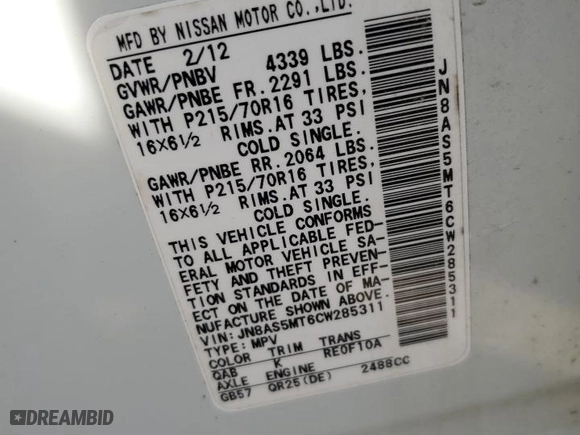2012 Nissan Rogue S with VIN JN8AS5MT6CW285311, listed as a Copart auction lot 48587485 with 151,830 mi miles and Salvage Title. Bid and sale history available at carsss.com. Image 15.