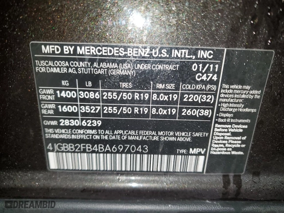 2011 Mercedes-Benz M-Class ML 350 BlueTEC with VIN 4JGBB2FB4BA697043, listed as a Copart auction lot 44413675 with 215,445 mi miles and Salvage Title. Bid and sale history available at carsss.com. Image 13.