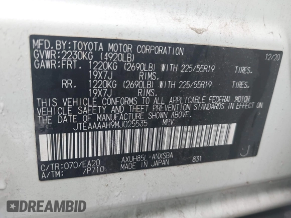 2021 Toyota Venza LE with VIN JTEAAAAH9MJ025535, listed as a IAAI auction lot 41890056 with 48,454 mi miles. Bid and sale history available at carsss.com. Image 9.