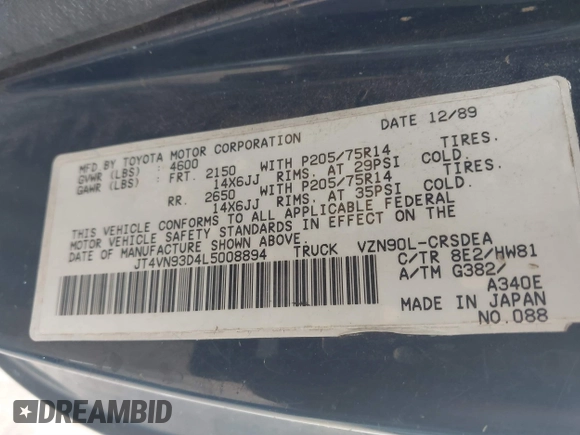 1990 Toyota Pickup with VIN JT4VN93D4L5008894, listed as a IAAI auction lot 41587289 with 186,525 mi miles and . Bid and sale history available at DreamBid. Image 9.