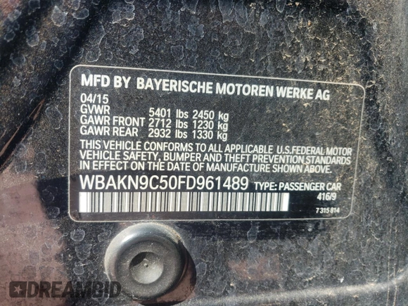 2015 BMW 5 Series 550i with VIN WBAKN9C50FD961489, listed as a Copart auction lot 46683795 with 90,235 mi miles and Salvage title. Bid and sale history available at DreamBid. Image 14.