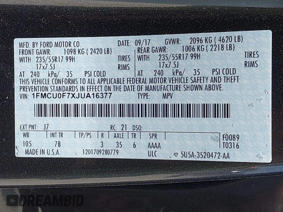 2018 Ford Escape S with VIN 1FMCU0F7XJUA16377, listed as a IAAI auction lot 42080136 with 81,060 mi miles and . Bid and sale history available at carsss.com. Image 9.