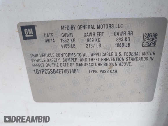 2014 Chevrolet Cruze 1LT with VIN 1G1PC5SB4E7481461, listed as a IAAI auction lot 42628673 with 164,689 mi miles and . Bid and sale history available at DreamBid. Image 9.