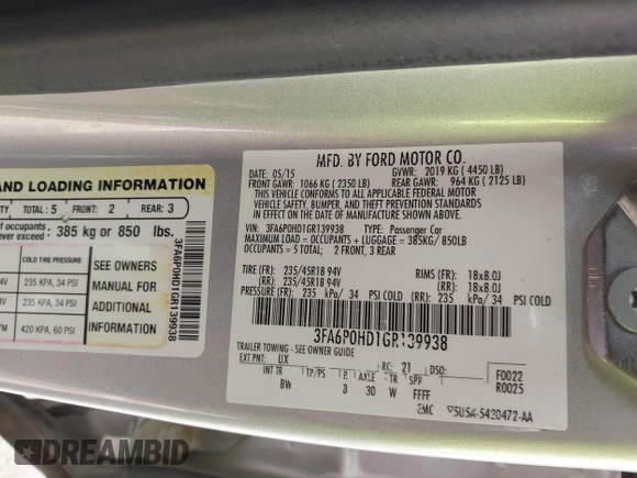 2016 Ford Fusion SE with VIN 3FA6P0HD1GR139938, listed as a IAAI auction lot 42571827 with 236,876 mi miles and . Bid and sale history available at DreamBid. Image 9.