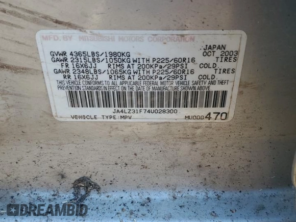 2004 Mitsubishi Outlander LS z VIN JA4LZ31F74U028300, wystawiony jako Copart lot #76228644 z przebiegiem 174 424 mil mil oraz Szkoda całkowita • Salvage title. Historia ofert i sprzedaży dostępna na DreamBid. Obrazek 13.