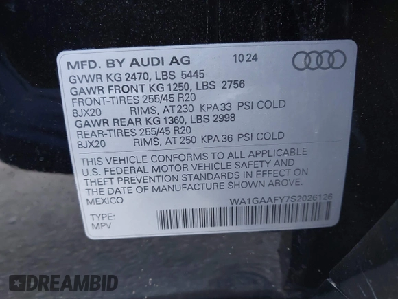 2025 Audi Q5 S line Premium z VIN WA1GAAFY7S2026126, wystawiony jako IAAI lot #41535407 z przebiegiem 1303 mil mil oraz . Historia ofert i sprzedaży dostępna na DreamBid. Obrazek 9.