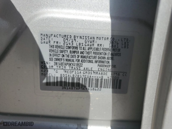 2019 Nissan Sentra S with VIN 3N1AB7AP9KY418622, listed as a Copart auction lot 50248425 with 31,858 mi miles and Salvage Title. Bid and sale history available at carsss.com. Image 14.