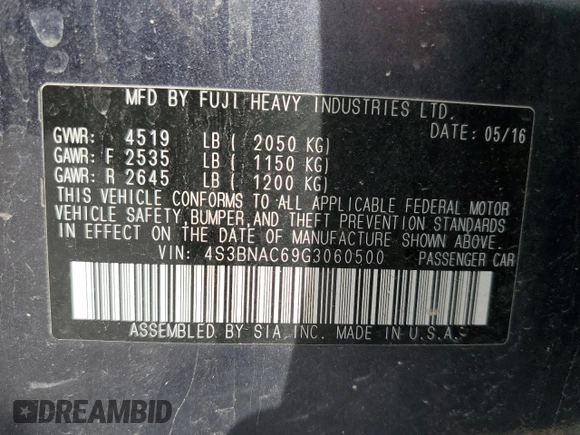 2016 Subaru Legacy Premium with VIN 4S3BNAC69G3060500, listed as a Copart auction lot 63344795 with Not provided miles and Salvage title. Bid and sale history available at DreamBid. Image 13.