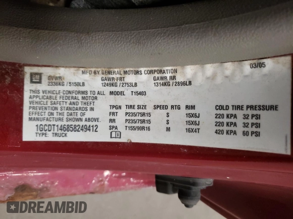 2005 Chevrolet Colorado Z85 with VIN 1GCDT146858249412, listed as a Copart auction lot 83099064 with 132,248 mi miles and Clean title. Bid and sale history available at DreamBid. Image 12.