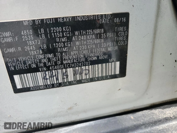 2017 Subaru Outback Touring with VIN 4S4BSETC7H3242702, listed as a Copart auction lot 60275235 with 179,369 mi miles and Salvage title. Bid and sale history available at DreamBid. Image 13.
