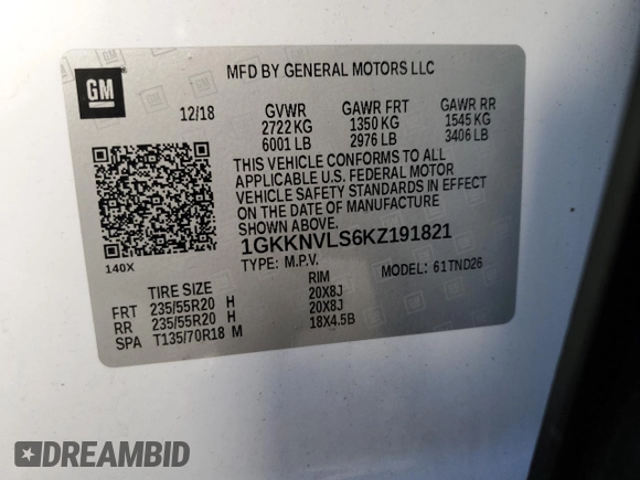 2019 GMC Acadia SLT with VIN 1GKKNVLS6KZ191821, listed as a Copart auction lot 75803974 with 82,374 mi miles and Salvage Title. Bid and sale history available at DreamBid. Image 14.