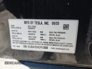 2020 Tesla Model S Long Range with VIN 5YJSA1E24LF413888, listed as a IAAI auction lot 41214903 with 42,711 mi miles and . Bid and sale history available at DreamBid. Image 9.