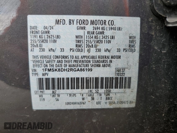 2024 Ford Explorer XLT with VIN 1FMSK8DH2RGA86199, listed as a Copart auction lot 56005575 with 18,083 mi miles and Salvage title. Bid and sale history available at DreamBid. Image 14.