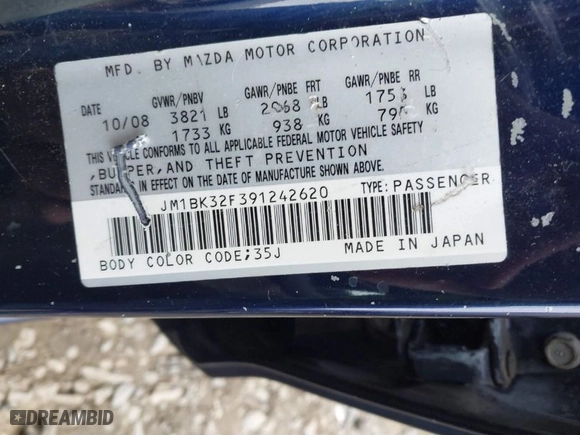 2009 Mazda Mazda3 i Touring Value with VIN JM1BK32F391242620, listed as a IAAI auction lot 40799963 with NaN miles. Bid and sale history available at carsss.com. Image 9.