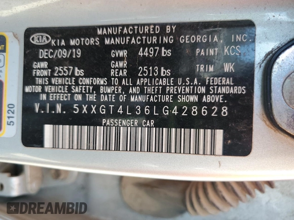 2020 Kia Optima LX with VIN 5XXGT4L36LG428628, listed as a Copart auction lot 59757725 with Not provided miles and Salvage title. Bid and sale history available at DreamBid. Image 12.