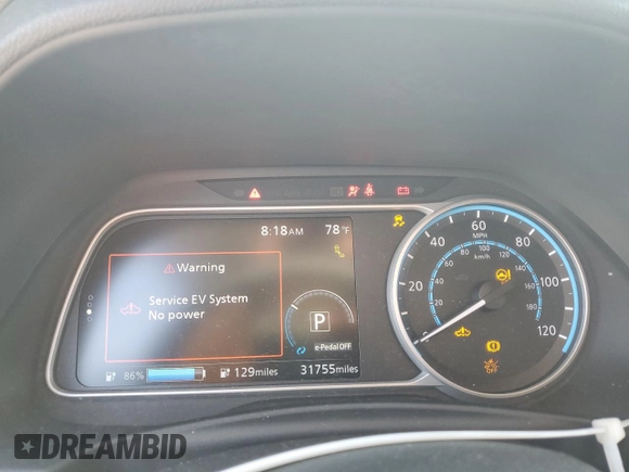 2019 Nissan LEAF SV with VIN 1N4AZ1CP7KC301168, listed as a Copart auction lot 57576085 with 31,755 mi miles and Salvage title. Bid and sale history available at DreamBid. Image 9.