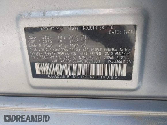 2013 Subaru Legacy Premium with VIN 4S3BMBC64D3037081, listed as a IAAI auction lot 42217703 with 267,753 mi miles and . Bid and sale history available at DreamBid. Image 9.