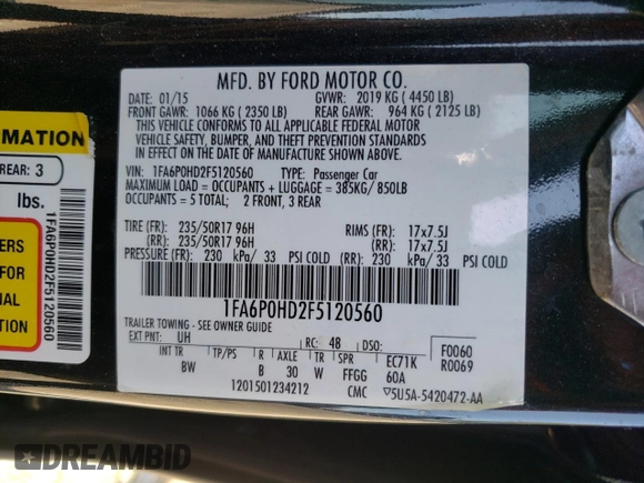 2015 Ford Fusion SE with VIN 1FA6P0HD2F5120560, listed as a Copart auction lot 52131115 with 156,289 mi miles and Salvage Title. Bid and sale history available at DreamBid. Image 14.