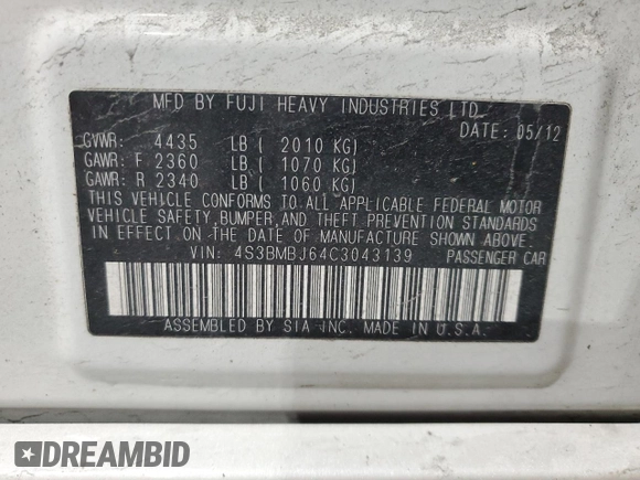 2012 Subaru Legacy Limited z VIN 4S3BMBJ64C3043139, wystawiony jako Copart lot #42909185 z przebiegiem 145 635 mil mil oraz Szkoda całkowita • Salvage title. Historia ofert i sprzedaży dostępna na DreamBid. Obrazek 12.
