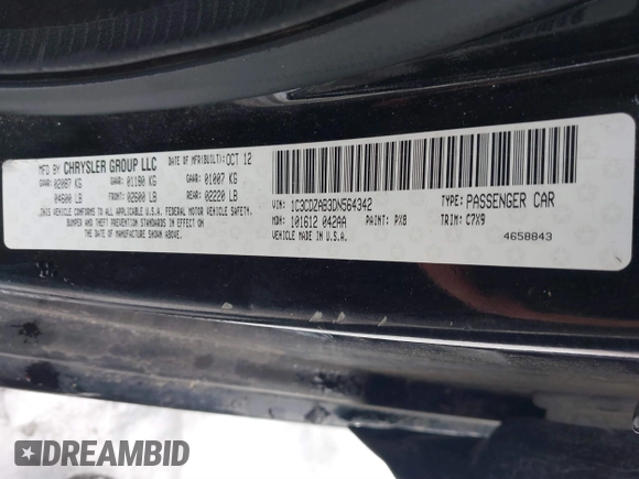 2013 Dodge Avenger SE with VIN 1C3CDZAB3DN564342, listed as a IAAI auction lot 41192817 with 159,216 mi miles and . Bid and sale history available at DreamBid. Image 9.