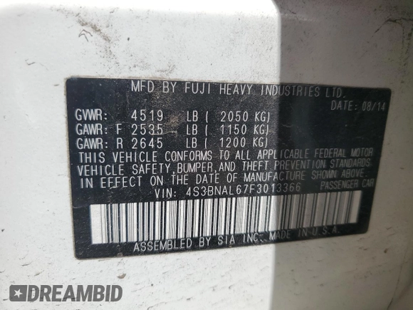 2015 Subaru Legacy Limited z VIN 4S3BNAL67F3013366, wystawiony jako Copart lot #57242365 z przebiegiem 116 351 mil mil oraz Szkoda całkowita • Salvage title. Historia ofert i sprzedaży dostępna na DreamBid. Obrazek 12.